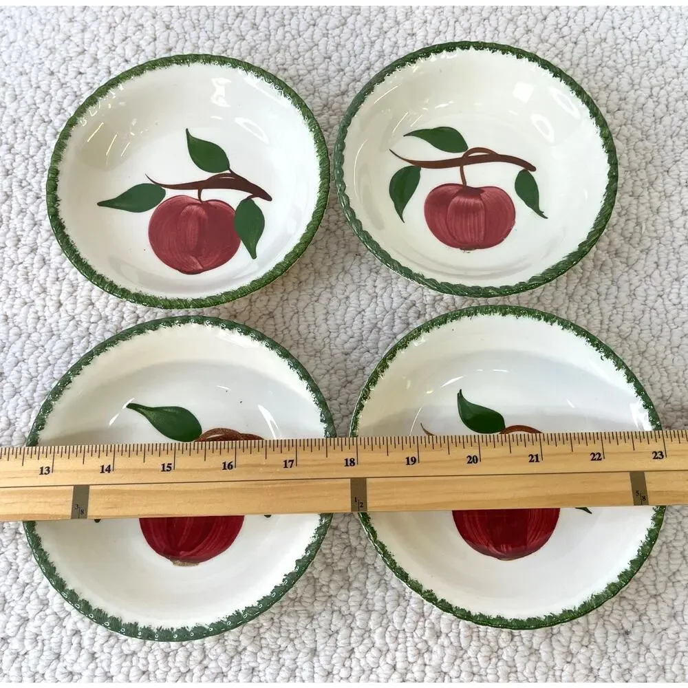 Quaker Apple Fruit Dessert Bowls Blue Ridge SP Red Green Candlewick VTG Lot of 4